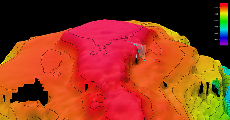 Image showing the dive track of Dive 09 of the 2021 North Atlantic Stepping Stones expedition. Scale is water depth in meters.