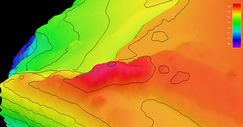 Image showing the dive track of Dive 11 of the 2021 North Atlantic Stepping Stones expedition. Scale is water depth in meters.