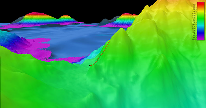 Image showing the dive track of Dive 16 of the 2021 North Atlantic Stepping Stones expedition. Scale is water depth in meters.