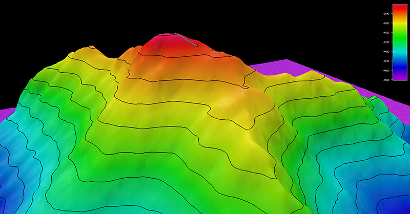 Image showing the dive track of Dive 18 of the 2021 North Atlantic Stepping Stones expedition. Scale is water depth in meters.