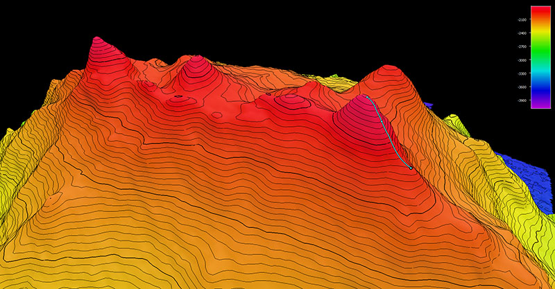 Image showing the dive track of Dive 19 of the 2021 North Atlantic Stepping Stones expedition. Scale is water depth in meters.