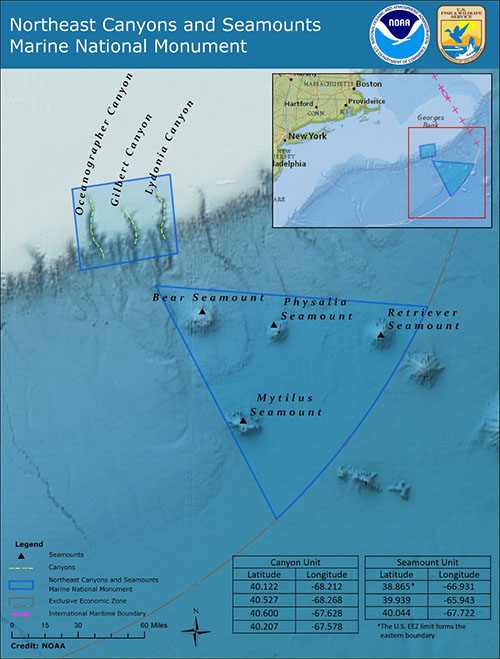 The monument is in two units: one on the continental shelf with canyons and one in the open ocean with seamounts.