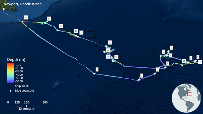 2021 North Atlantic Stepping Stones: New England and Corner Rise Seamounts (EX-21-04) expedition map with dive sites.
