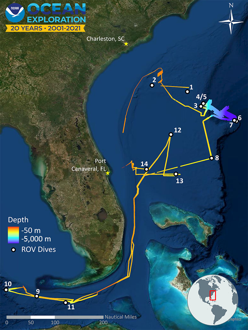 This map shows the Blake Plateau region overlaid with the mapping data collected (lines colored by depth) and remotely operated vehicle dive sites (dots) for the Windows to the Deep 2021: Southeast U.S. ROV and Mapping expedition as completed.