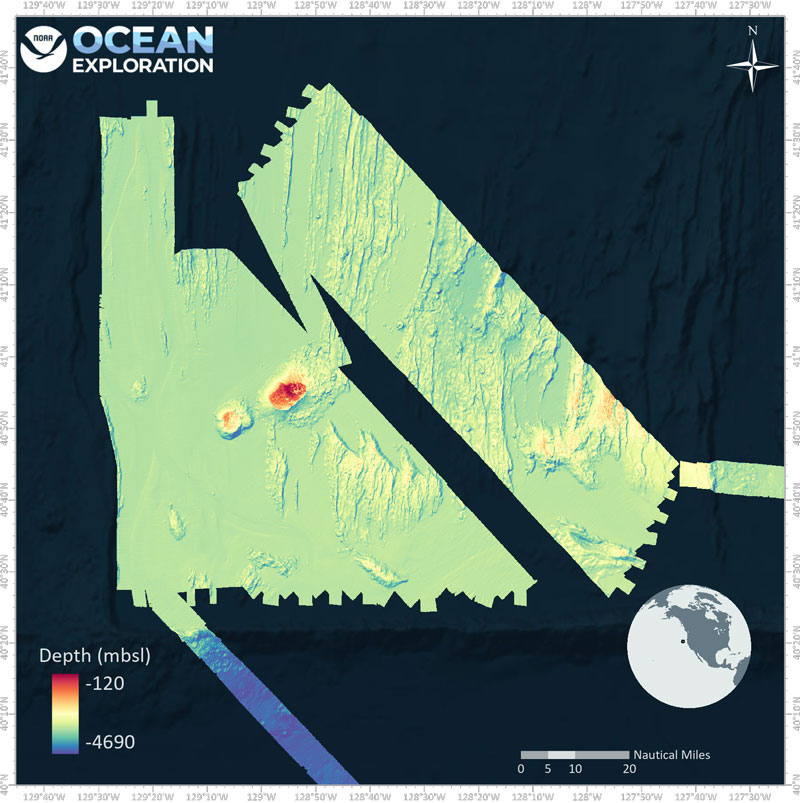 Map of targeted survey area off the northern coast of California, showing two previously unexplored seamounts north of the Mendocino Fracture Zone.