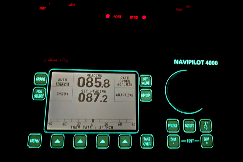 Image showing one of the screens up on the bridge of NOAA Ship Okeanos Explorer. This is one of many displays showing the ship’s direction. At the time this picture was taken, the ship was heading east. If you think about the north, east, south and west formation of a compass as a circle of 360 degrees, you can figure out which direction the ship is going. Due east would be 90 degrees.