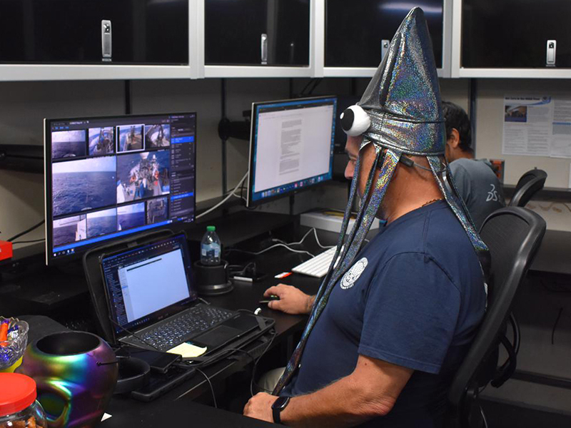 Person wearing a metallic squid hat working at a desk with multiple monitors displaying images and documents.