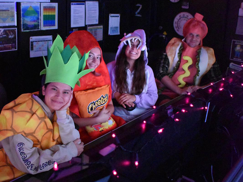 Four people in food and animal costumes in a dark room with pink lights.