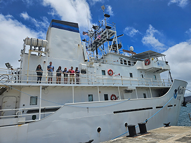 Members of the Beyond the Blue: Papahānaumokuākea Mapping 1 expedition team on NOAA Ship <i>Okeanos Explorer</i> just before the expedition got underway.