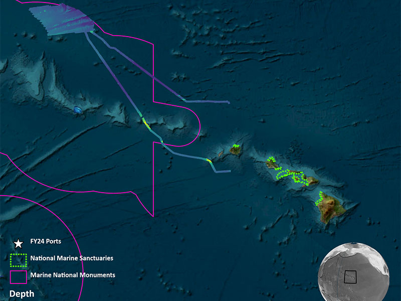 Map of Hawaiian Islands with depth color-coding and marine boundaries.