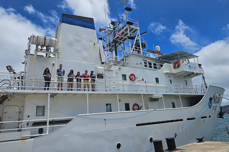 Members of the Beyond the Blue: Papahānaumokuākea Mapping 1 expedition team on NOAA Ship Okeanos Explorer just before the expedition got underway.