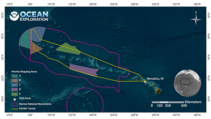 This map shows the general operating area during the Beyond the Blue: Papahānaumokuākea Mapping 3 expedition, with the approximate track of NOAA Ship Okeanos Explorer into Papahānaumokuākea Marine National Monument shown as a yellow line, mapping targets shaded in boxes, and the boundaries of marine national monuments shown in purple.