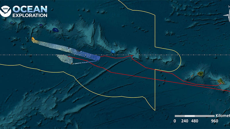 Map showing ocean topography with surveyed areas marked in varied colors and a white circle indicating a focus area. Includes NOAA logo, compass rose, and distance scale.