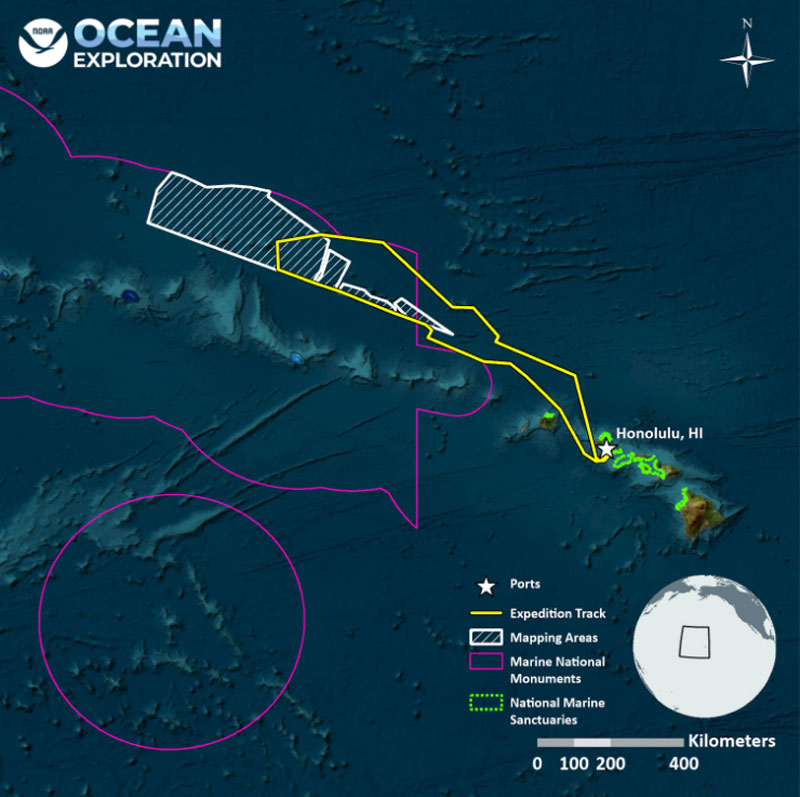 This map shows the general operating area during the Beyond the Blue: Papahānaumokuākea Mapping 1 expedition, with the approximate track of NOAA Ship Okeanos Explorer into Papahānaumokuākea Marine National Monument shown as a yellow line, mapping targets shaded in white, and the boundaries of marine national monuments shown in purple.