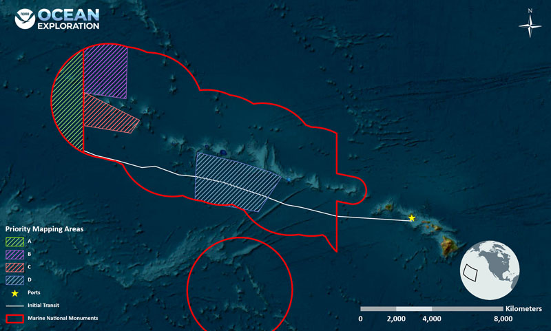 This map shows the general operating area during the Beyond the Blue: Papahānaumokuākea Mapping 2 expedition, with the approximate track of NOAA Ship Okeanos Explorer into Papahānaumokuākea Marine National Monument shown as a white line and the boundaries of marine national monuments shown in red. The four shaded areas represent priority mapping targets.