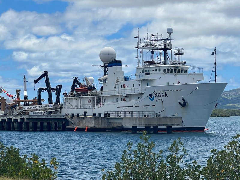 The Beyond the Blue: Papahānaumokuākea Mapping 1 expedition will begin and end in Honolulu, Hawai‘i. During in-port periods, NOAA Ship Okeanos Explorer will be docked at the NOAA Daniel K. Inouye Regional Center on Oahu’s Ford Island, as it was in this image from 2015.