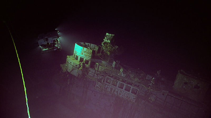 Underwater view of Yorktown shipwreck illuminated by an ROV.