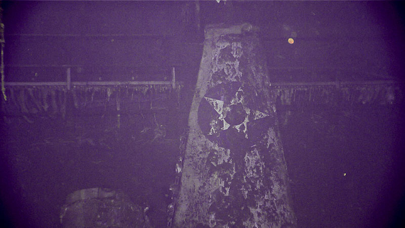 Underwater aircraft wing with a faded star symbol, covered in marine growth.