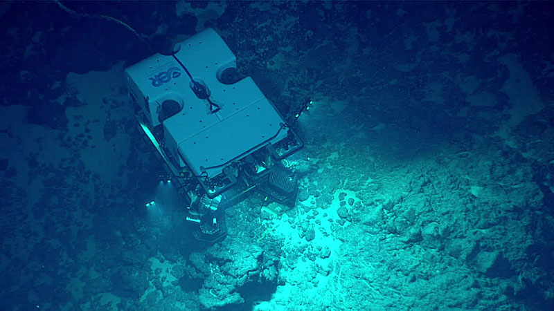 An underwater vehicle explores the ocean floor, surrounded by deep blue water.