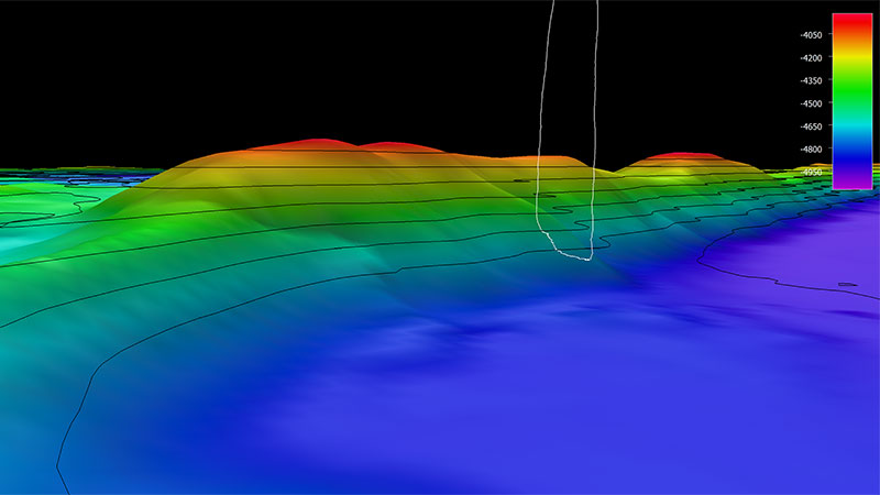 3D topographic map with color gradient indicating varying depths.