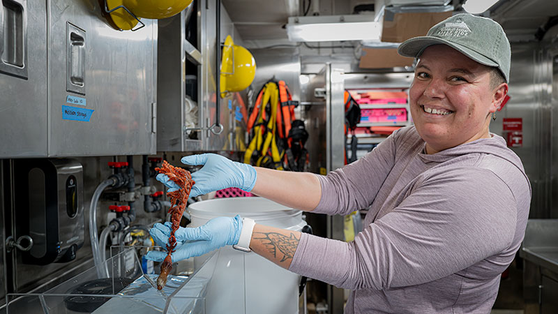 Person wearing blue gloves holds a specimen inside a laboratory, smiling.