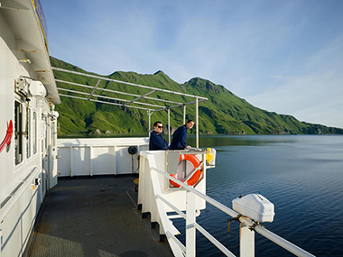 NOAA Ship <i>Okeanos Explorer</i> departs Unalaska, Alaska, at the start of the Seascape Alaska 4 expedition.