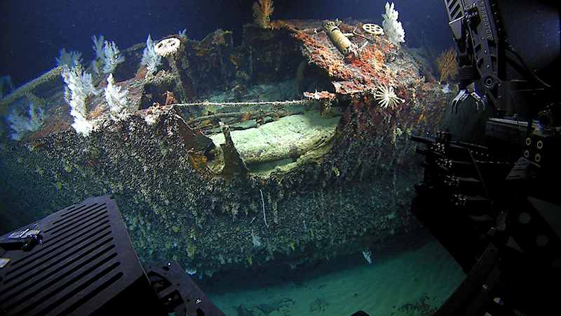 Underwater shipwreck with marine life and submersible arms nearby.